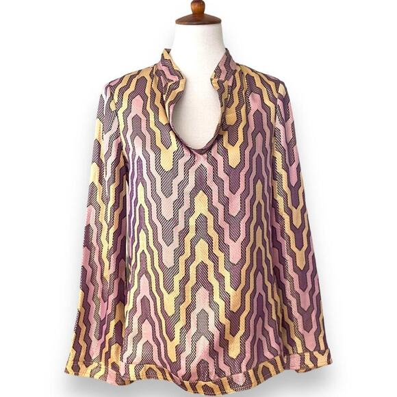 Tory Burch Multicolor Long Sleeve Split V-Neck Geometric Blouse Top Size 6 - Picture 1 of 10